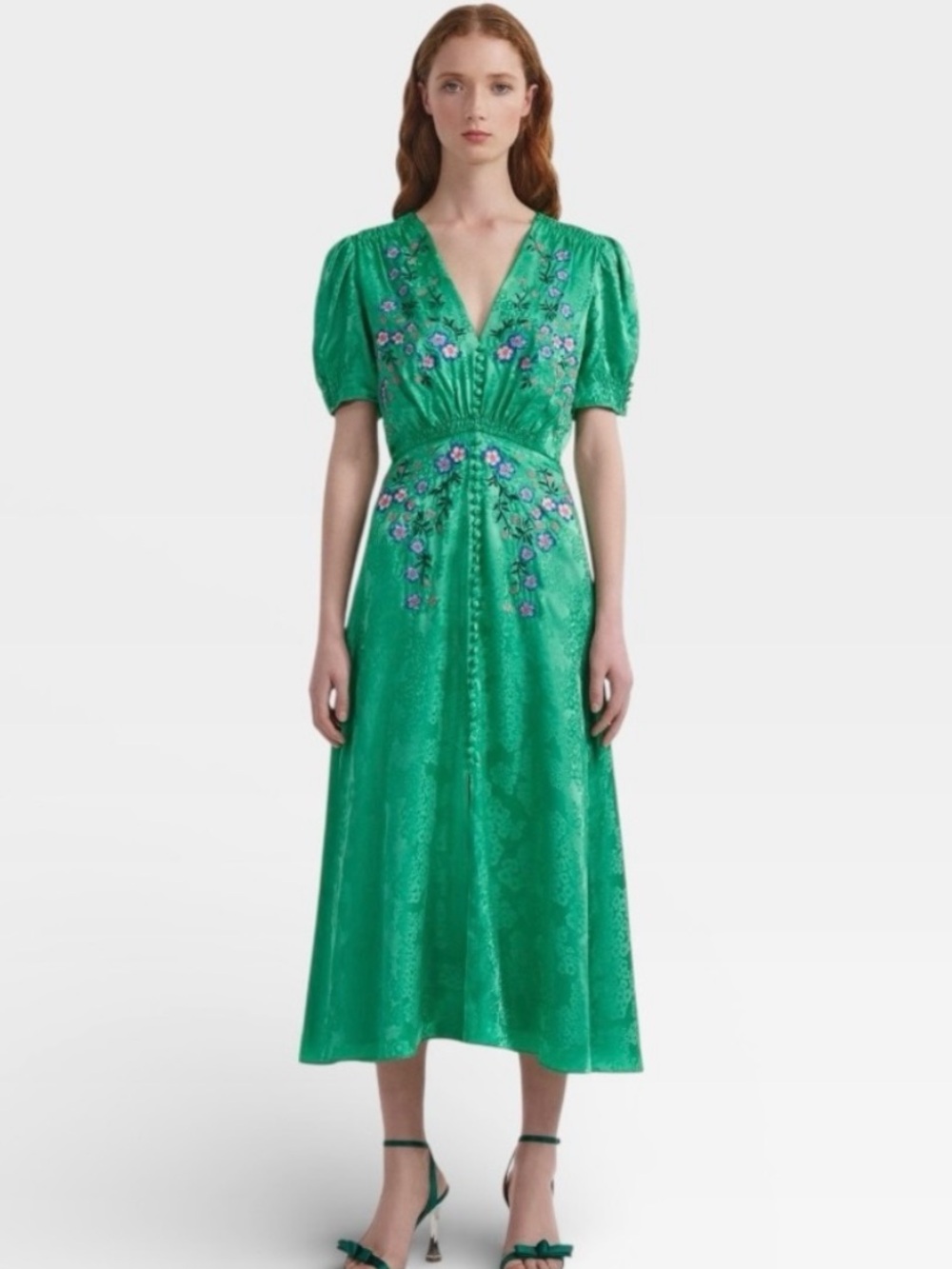 Saloni Lea Silk Embroidered Floral Midi Dress in Kelly Green Sz 6 US